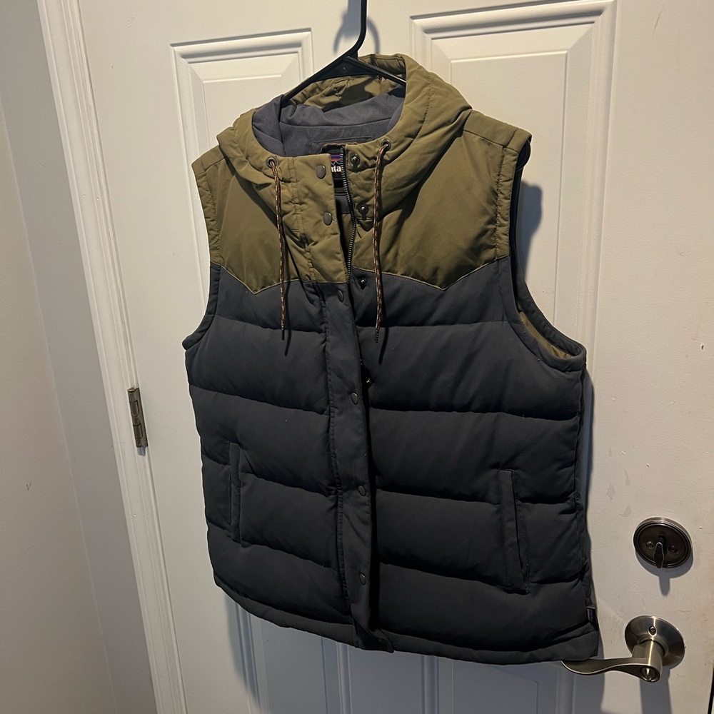 Patagonia Women’s Bivy Olive and Navy Down Hooded Vest